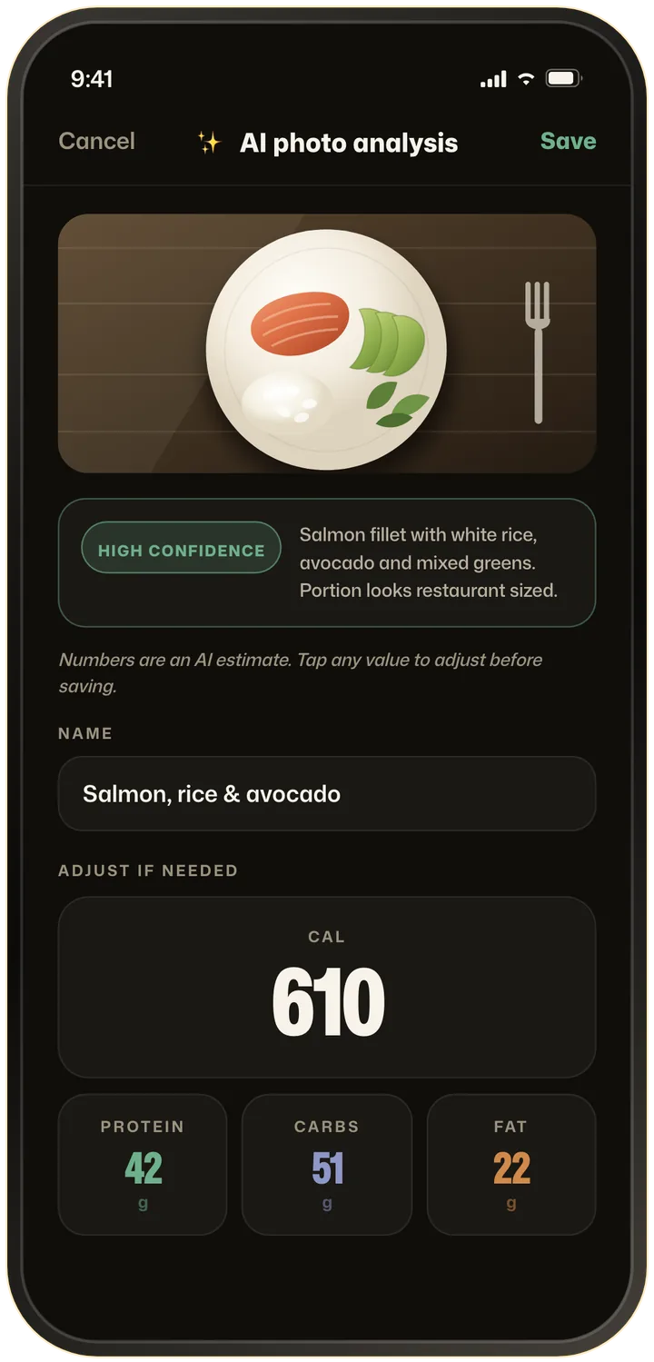 ORO Scan AI photo analysis of a salmon, rice and avocado plate, with the estimated calories and macros ready to log to the diary.