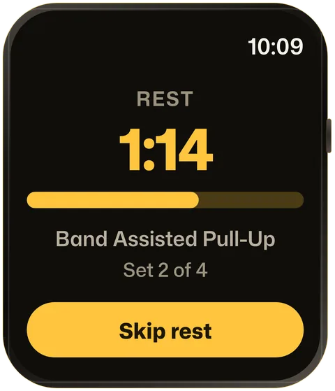ORO on Apple Watch rest timer counting down between sets, with the next set named and a Skip rest button.