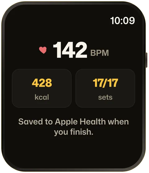 ORO on Apple Watch workout summary with heart rate, calories and sets, saved to Apple Health.