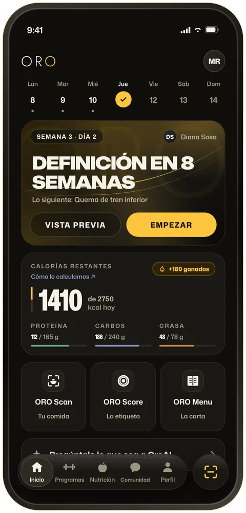 Pantalla de Inicio de ORO con el programa de hoy, las calorías restantes y los tres escáneres.