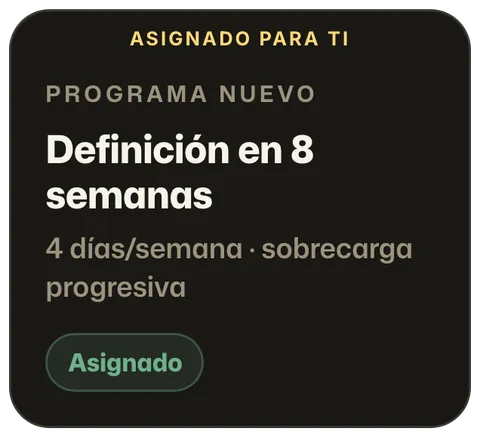 Tarjeta de programa nuevo asignado por la coach: Definición en 8 semanas, 4 días por semana con sobrecarga progresiva.