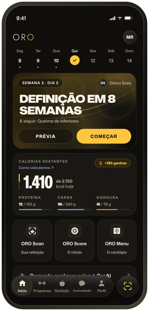 Tela Início do ORO com o programa de hoje, as calorias restantes e os três scanners.