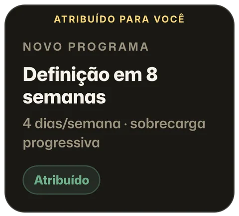 Card de programa novo atribuído pela coach: Definição em 8 semanas, 4 dias por semana com sobrecarga progressiva.