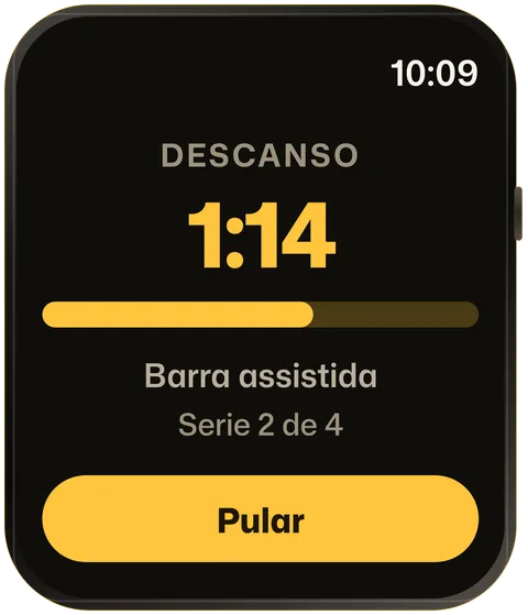 Temporizador de descanso do ORO no Apple Watch contando entre as séries, com a próxima série nomeada e um botão Pular.